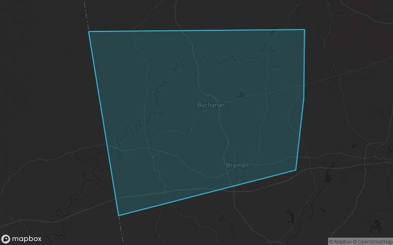 Map of Haralson County, Georgia showing the county boundary and surrounding cities