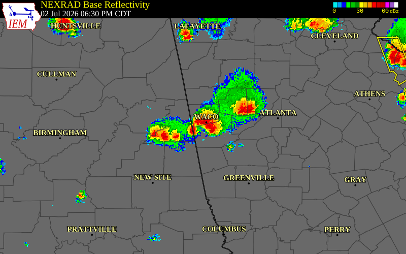 NEXRAD radar during the Thursday, July 2, 2026 storm activity in Haralson County, Georgia