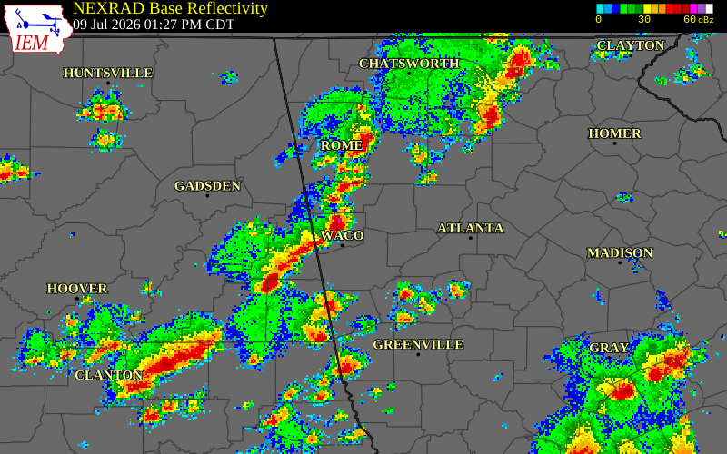 NEXRAD radar during the Thursday, July 9, 2026 storm activity in Haralson County, Georgia
