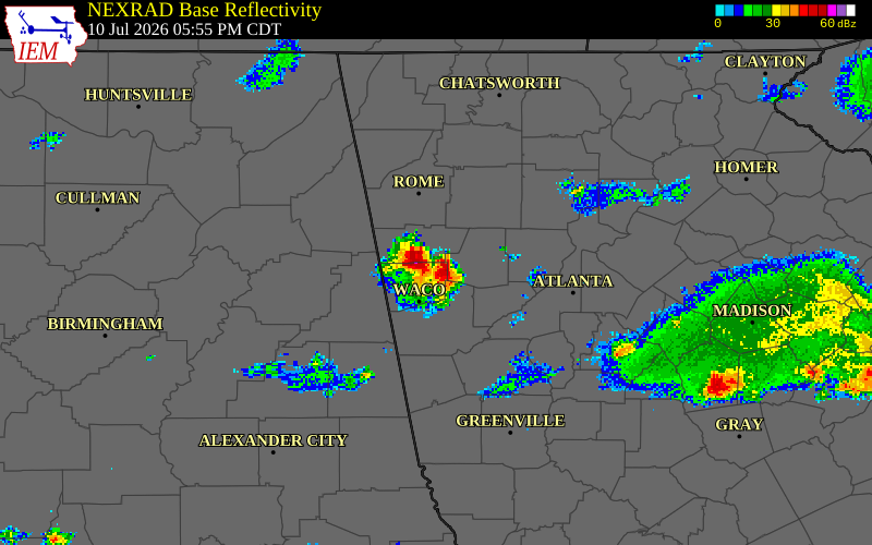 NEXRAD radar during the Friday, July 10, 2026 storm activity in Haralson County, Georgia