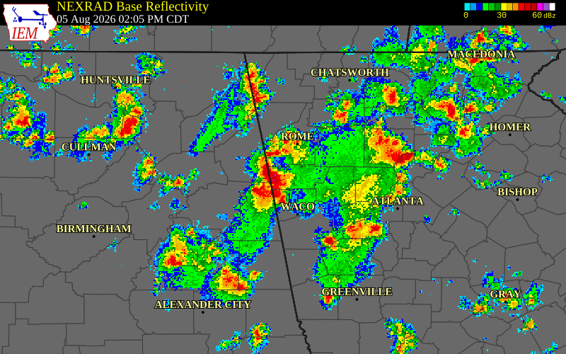 NEXRAD radar during the Wednesday, August 5, 2026 storm activity in Haralson County, Georgia