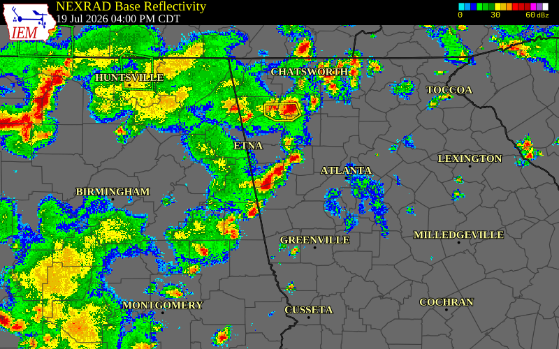 Radar snapshot during the Jul 19, 2026 wind event near Haralson County, Haralson County, Georgia, with NWS warning polygons