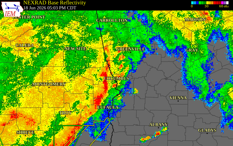NEXRAD radar during the Thursday, June 18, 2026 storm activity in Harris County, Georgia
