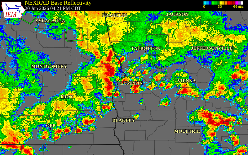 NEXRAD radar during the Saturday, June 20, 2026 storm activity in Harris County, Georgia