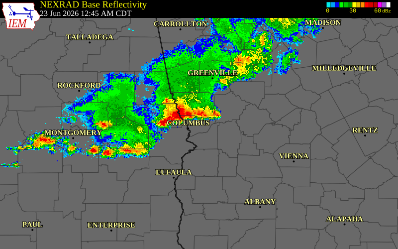 NEXRAD radar during the Tuesday, June 23, 2026 storm activity in Harris County, Georgia