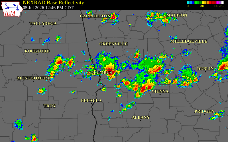NEXRAD radar during the Sunday, July 5, 2026 storm activity in Harris County, Georgia