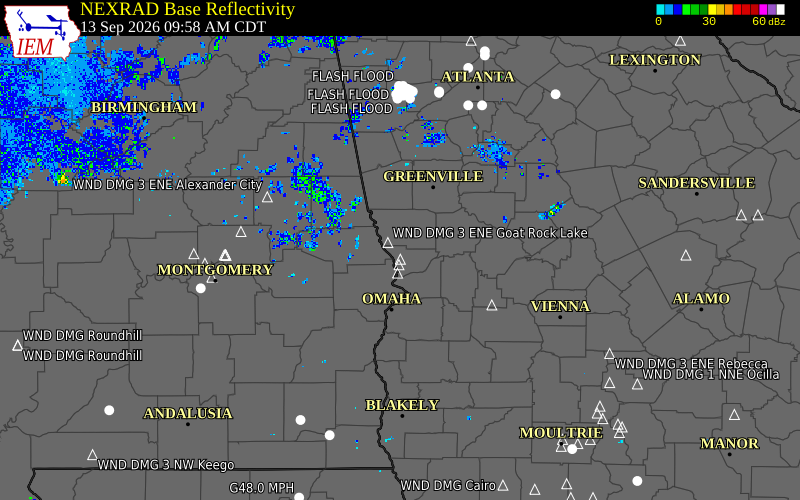 Current NEXRAD radar over Harris County, Georgia with recent storm report locations