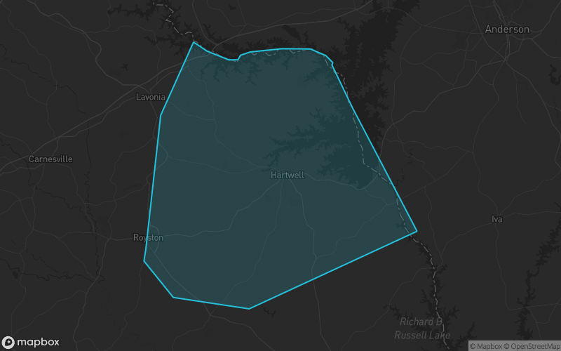 Map of Hart County, Georgia showing the county boundary and surrounding cities
