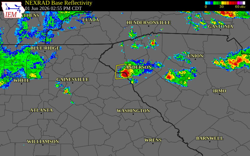 NEXRAD radar during the Monday, June 1, 2026 storm activity in Hart County, Georgia