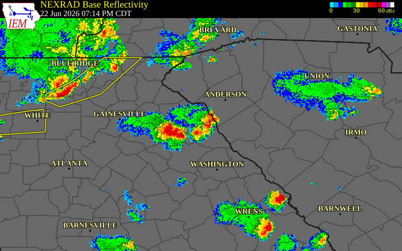 NEXRAD radar during the Monday, June 22, 2026 storm activity in Hart County, Georgia