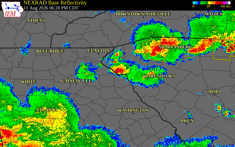 NEXRAD radar during the Tuesday, August 11, 2026 storm activity in Hart County, Georgia