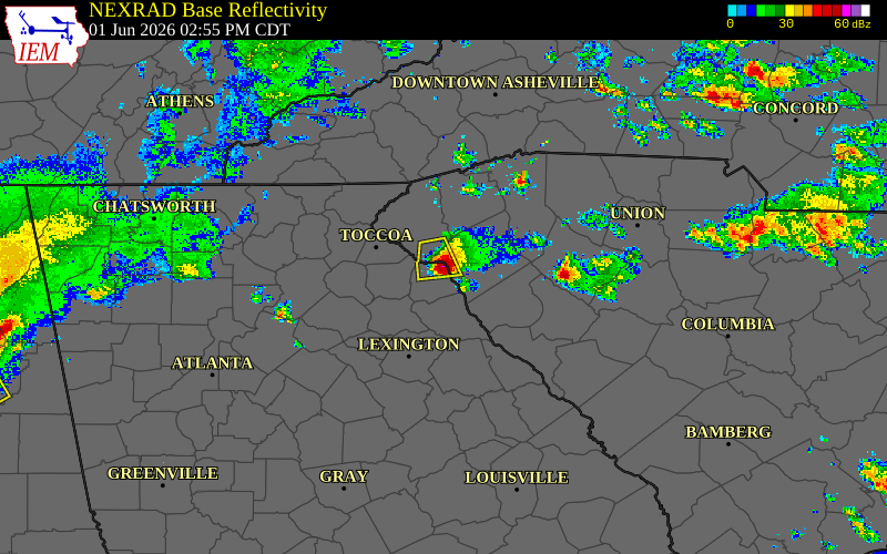 Radar snapshot during the Jun 1, 2026 wind event near 3 NE Hartwell, Hart County, Georgia, with NWS warning polygons