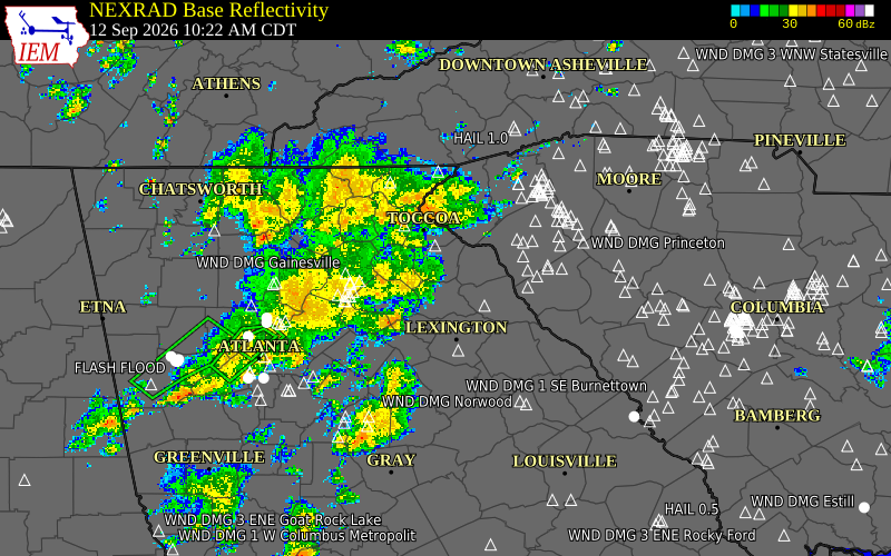 Current NEXRAD radar over Hart County, Georgia with recent storm report locations