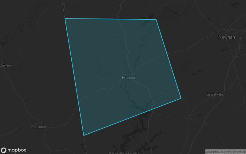 Map of Heard County, Georgia showing the county boundary and surrounding cities