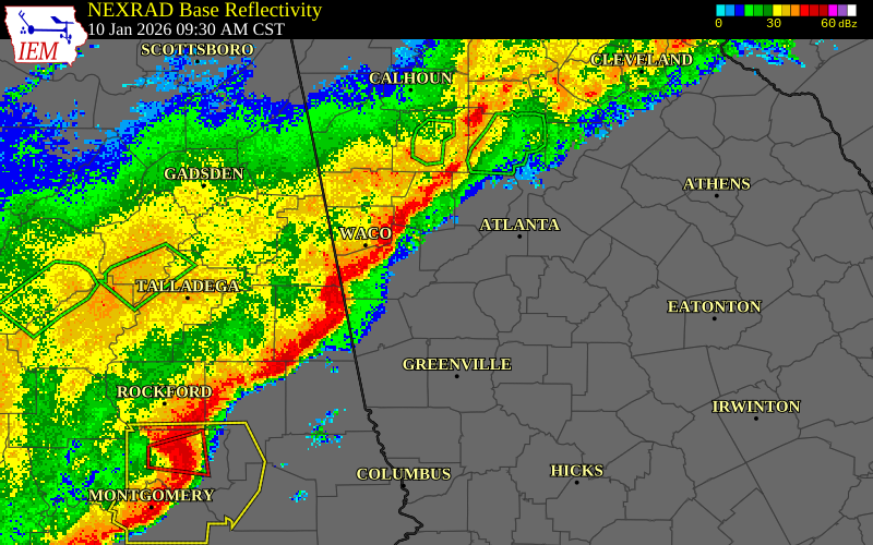 NEXRAD radar during the Saturday, January 10, 2026 storm activity in Heard County, Georgia