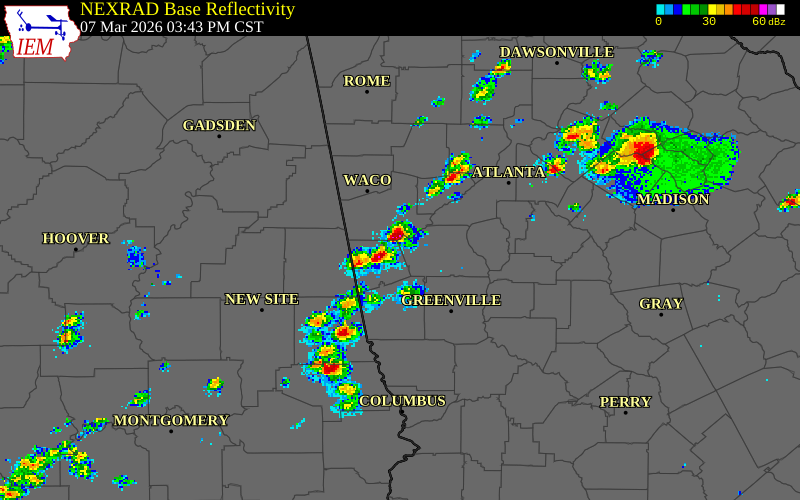 NEXRAD radar during the Saturday, March 7, 2026 storm activity in Heard County, Georgia