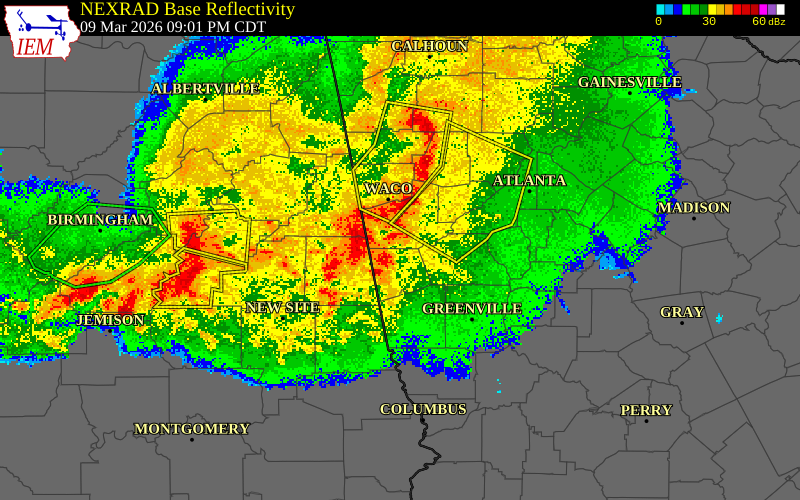NEXRAD radar during the Monday, March 9, 2026 storm activity in Heard County, Georgia