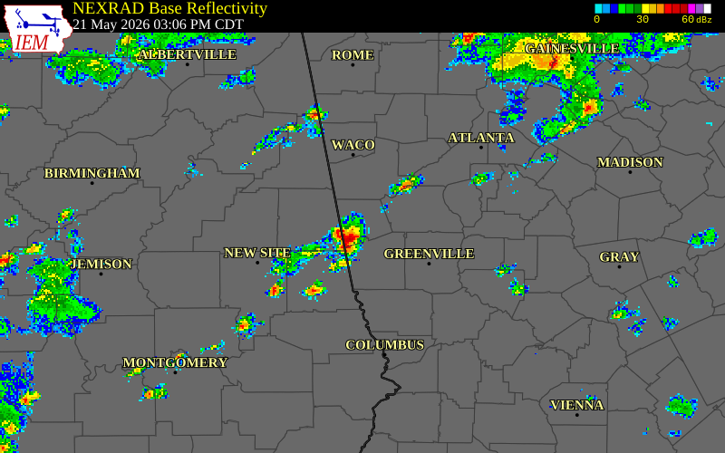 NEXRAD radar during the Thursday, May 21, 2026 storm activity in Heard County, Georgia