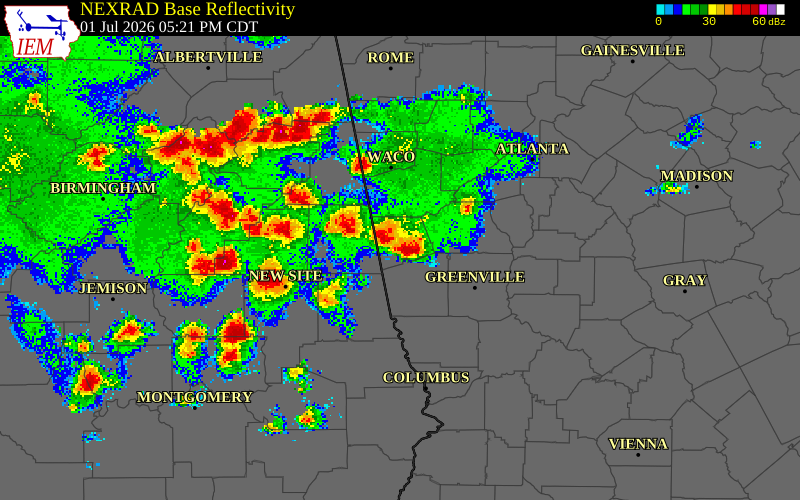 NEXRAD radar during the Wednesday, July 1, 2026 storm activity in Heard County, Georgia