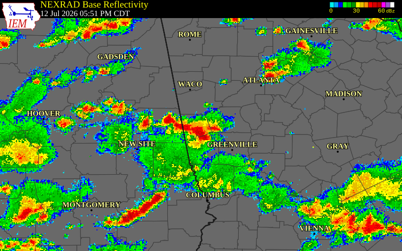 NEXRAD radar during the Sunday, July 12, 2026 storm activity in Heard County, Georgia