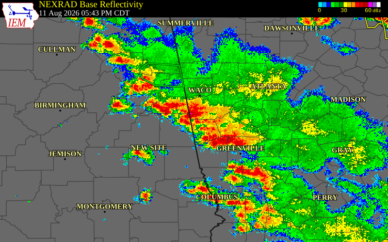 NEXRAD radar during the Tuesday, August 11, 2026 storm activity in Heard County, Georgia