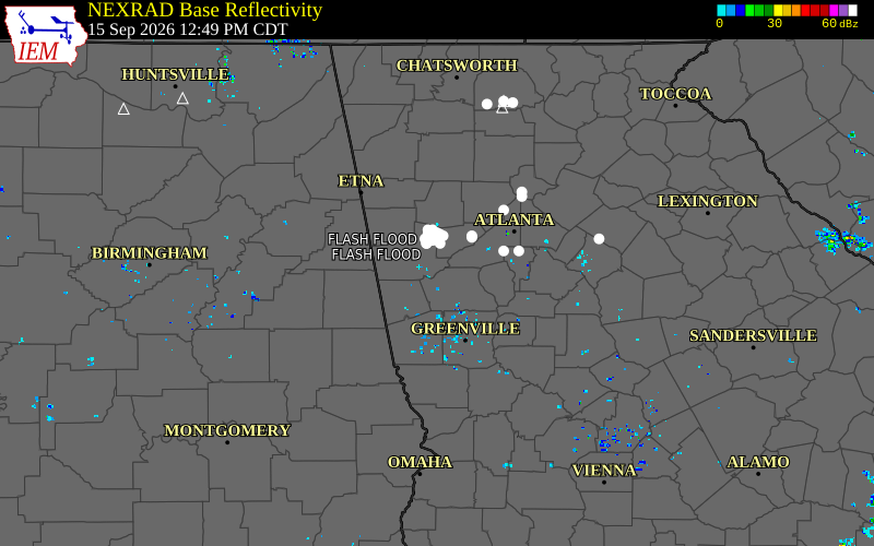 Current NEXRAD radar over Heard County, Georgia with recent storm report locations