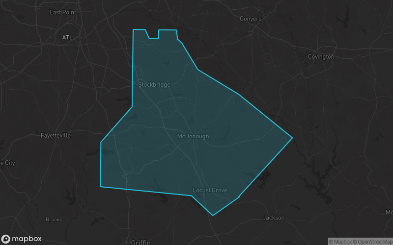 Map of Henry County, Georgia showing the county boundary and surrounding cities
