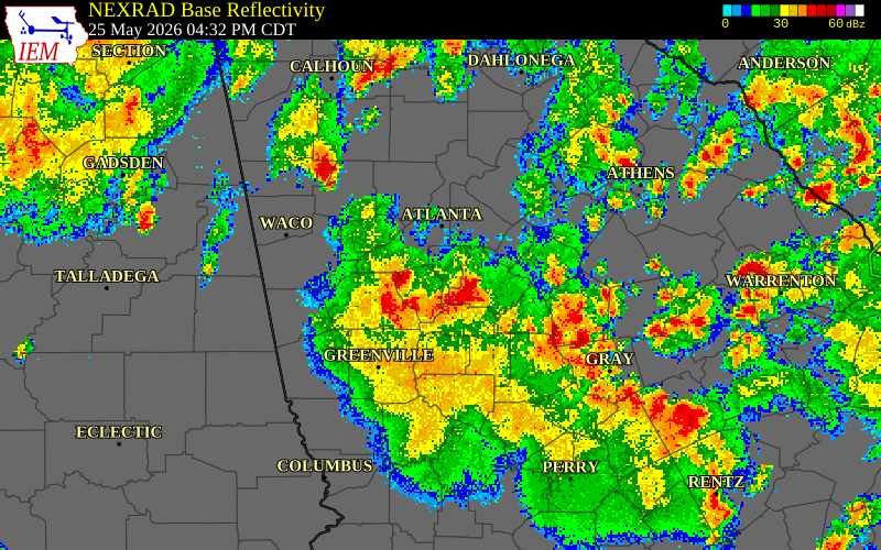 NEXRAD radar during the Monday, May 25, 2026 storm activity in Henry County, Georgia