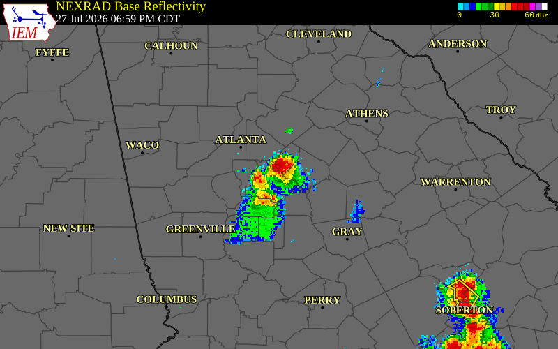 NEXRAD radar during the Monday, July 27, 2026 storm activity in Henry County, Georgia