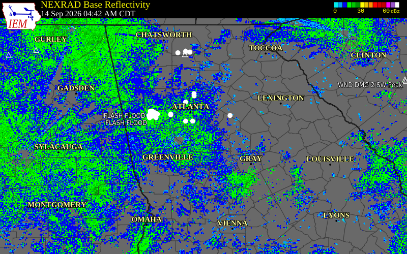 Current NEXRAD radar over Henry County, Georgia with recent storm report locations