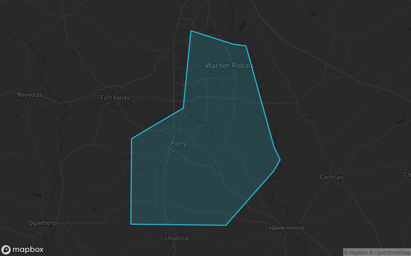 Map of Houston County, Georgia showing the county boundary and surrounding cities