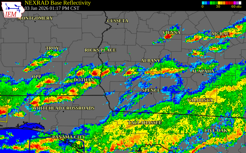 NEXRAD radar during the Saturday, January 3, 2026 storm activity in Houston County, Georgia