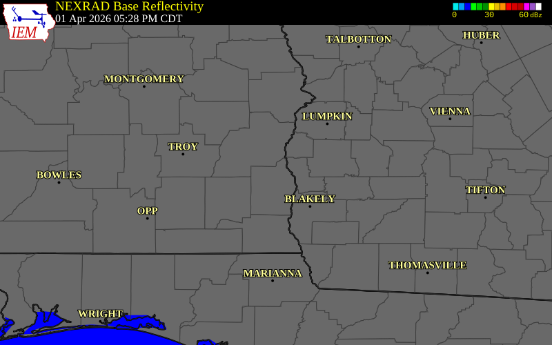 NEXRAD radar during the Wednesday, April 1, 2026 storm activity in Houston County, Georgia