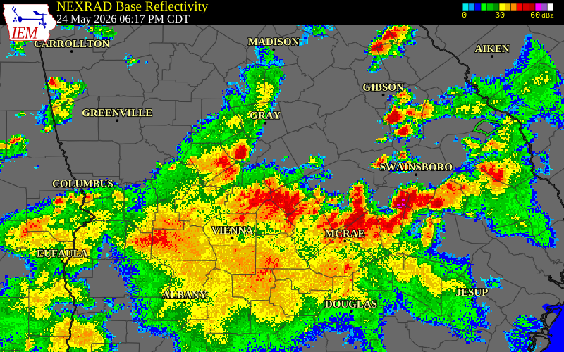 NEXRAD radar during the Sunday, May 24, 2026 storm activity in Houston County, Georgia