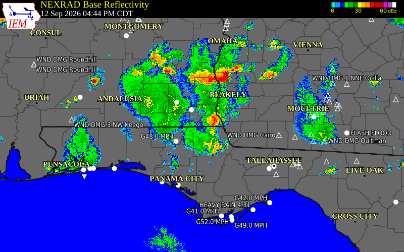 Current NEXRAD radar over Houston County, Georgia with recent storm report locations
