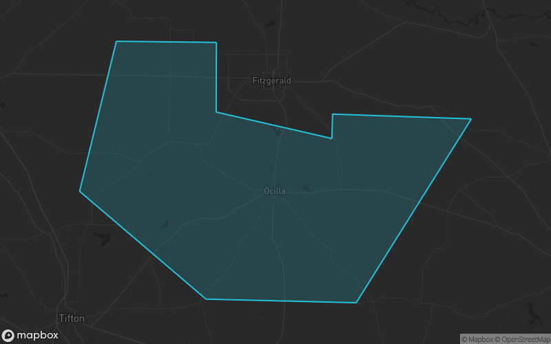 Map of Irwin County, Georgia showing the county boundary and surrounding cities