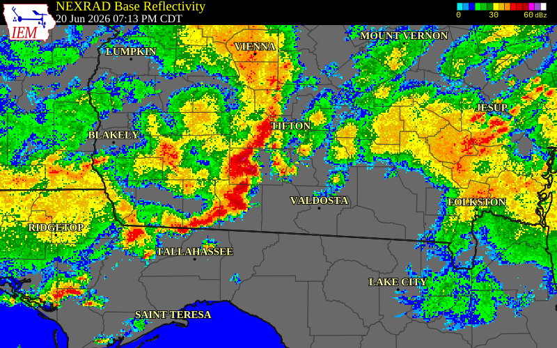 NEXRAD radar during the Saturday, June 20, 2026 storm activity in Irwin County, Georgia