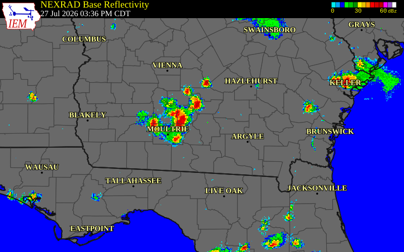 Radar snapshot during the Jul 27, 2026 wind event near Irwin County, Irwin County, Georgia, with NWS warning polygons