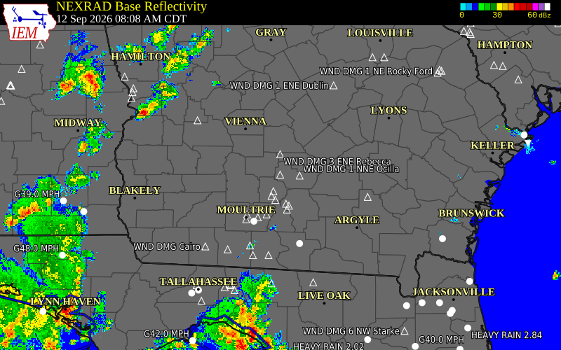 Current NEXRAD radar over Irwin County, Georgia with recent storm report locations