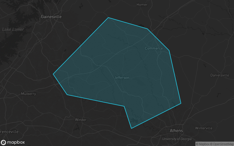 Map of Jackson County, Georgia showing the county boundary and surrounding cities