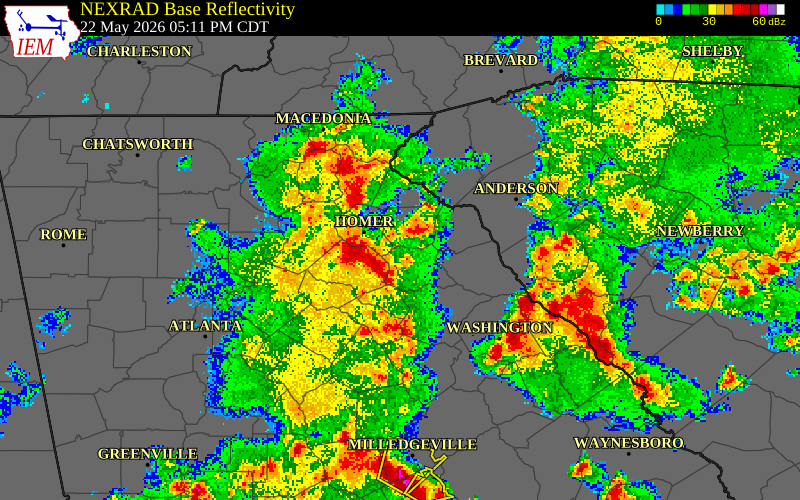 NEXRAD radar during the Friday, May 22, 2026 storm activity in Jackson County, Georgia