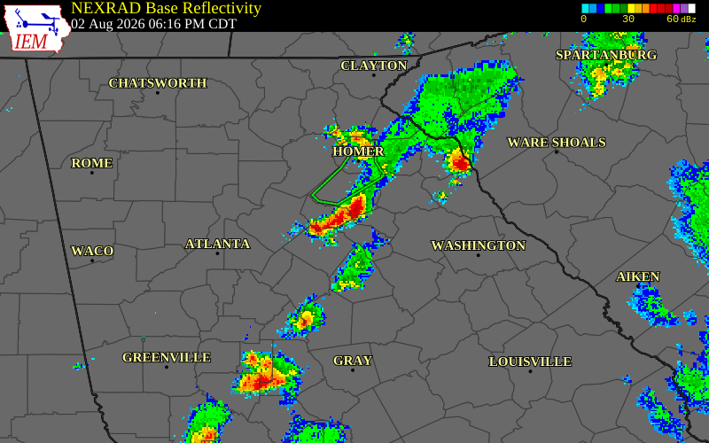 NEXRAD radar during the Sunday, August 2, 2026 storm activity in Jackson County, Georgia