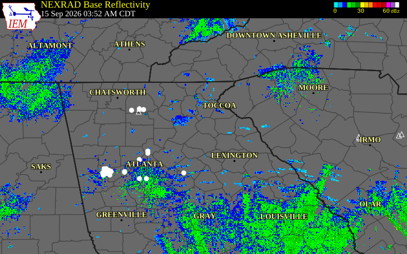 Current NEXRAD radar over Jackson County, Georgia with recent storm report locations