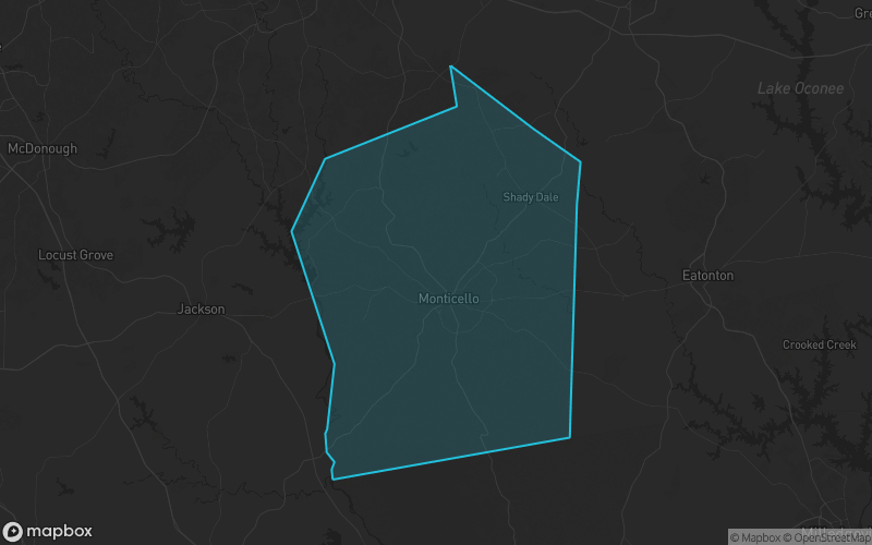 Map of Jasper County, Georgia showing the county boundary and surrounding cities