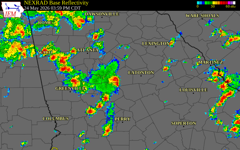 NEXRAD radar during the Sunday, May 24, 2026 storm activity in Jasper County, Georgia