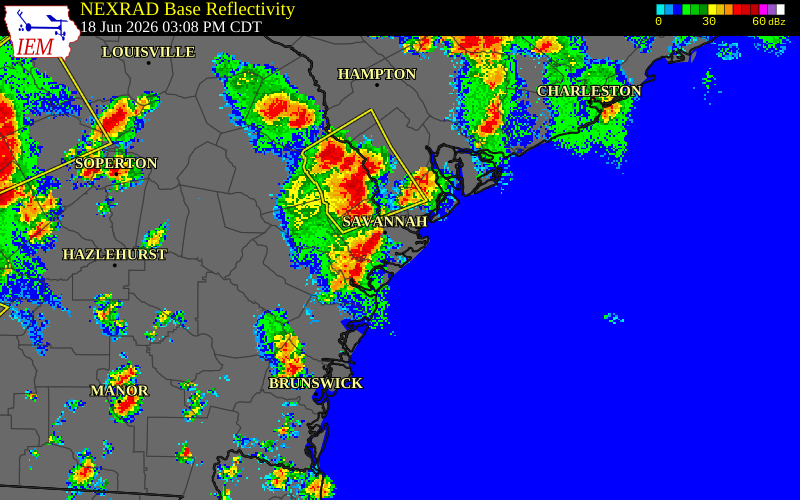 NEXRAD radar during the Thursday, June 18, 2026 storm activity in Jasper County, Georgia