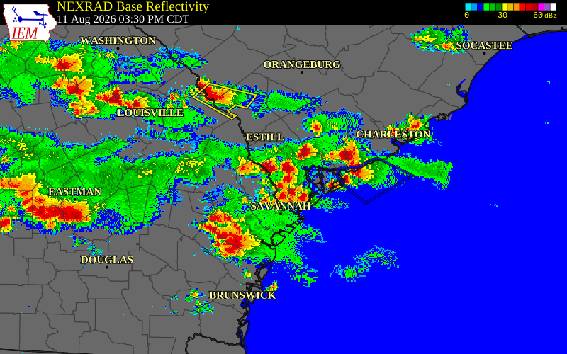 Radar snapshot during the Aug 11, 2026 wind event near Jasper County, Jasper County, Georgia, with NWS warning polygons