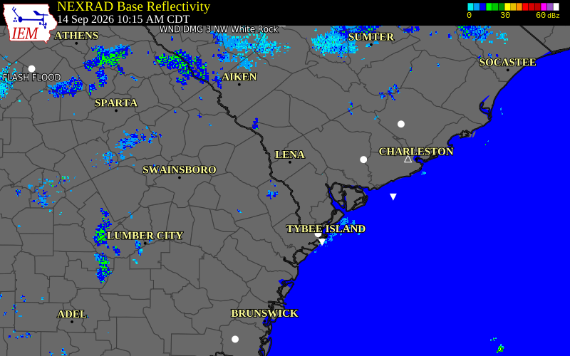 Current NEXRAD radar over Jasper County, Georgia with recent storm report locations