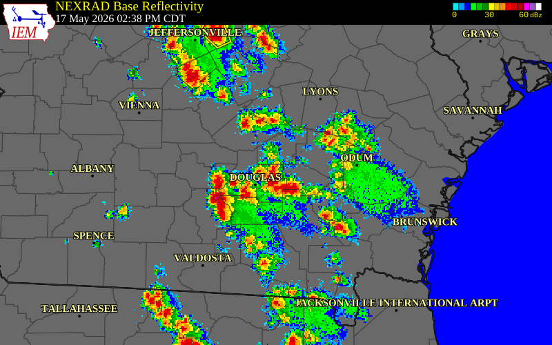NEXRAD radar during the Sunday, May 17, 2026 storm activity in Jeff Davis County, Georgia