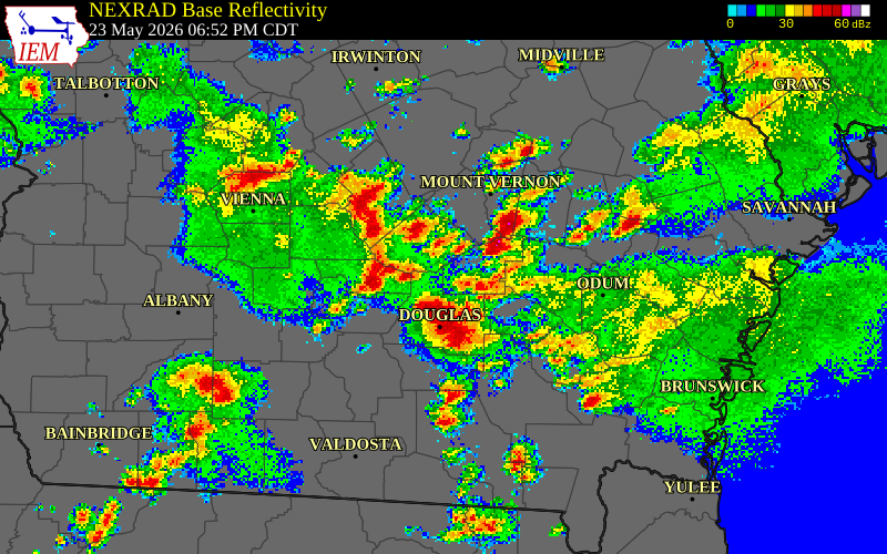 NEXRAD radar during the Saturday, May 23, 2026 storm activity in Jeff Davis County, Georgia